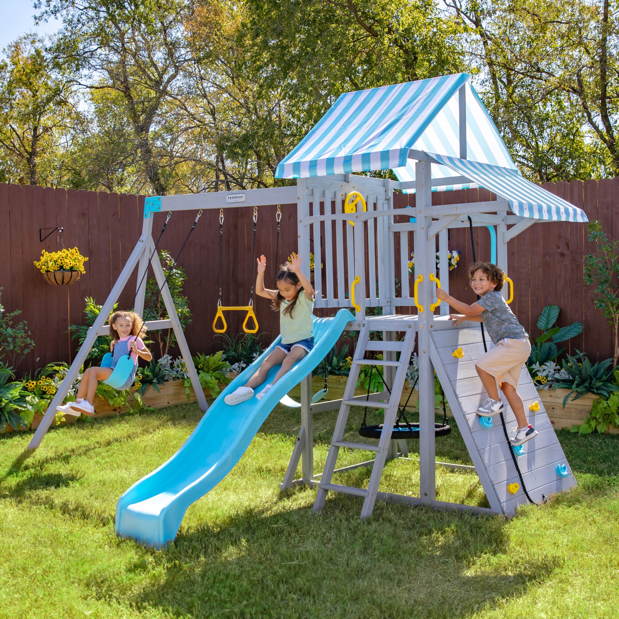 Laguna Wooden Swing Set with Slide & Rock Wall – Gray - FAO Schwarz