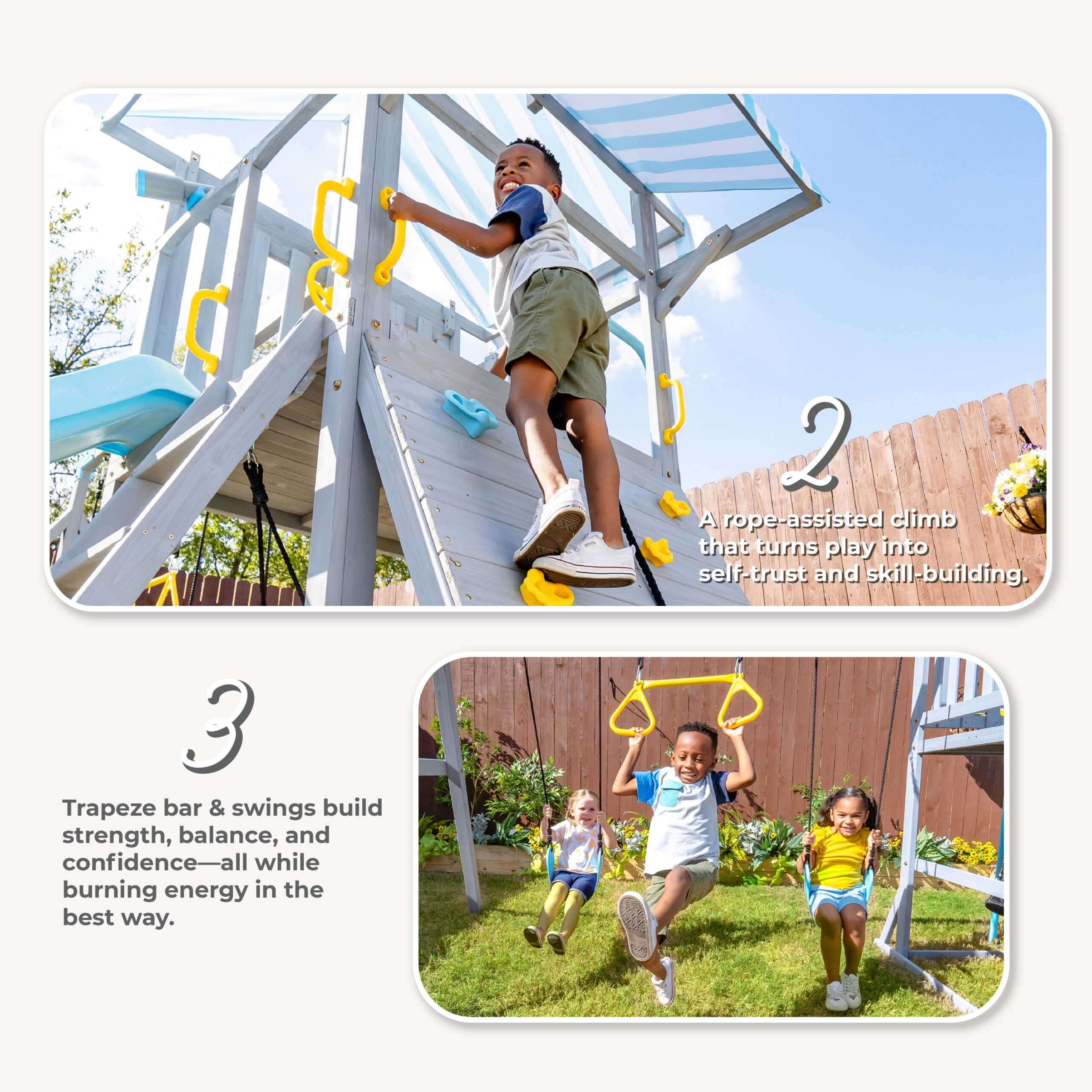 Laguna Wooden Swing Set with Slide & Rock Wall – Gray - FAO Schwarz